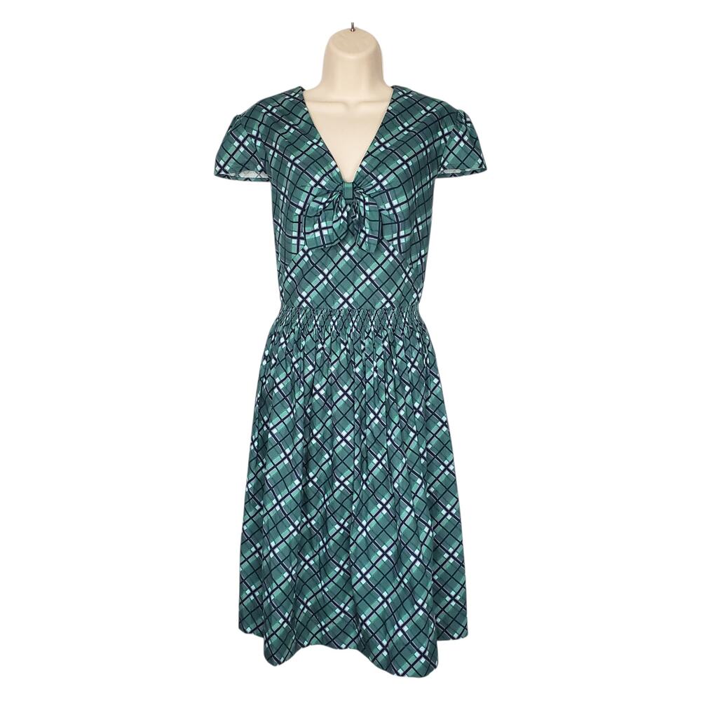 Gal Meets Glam Plaid Bow Fit & Flare Midi Dress Flutter Sleeve Teal Green Size 8